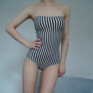 AA B&W Striped Jersey Strapless Ruched Bodysuit